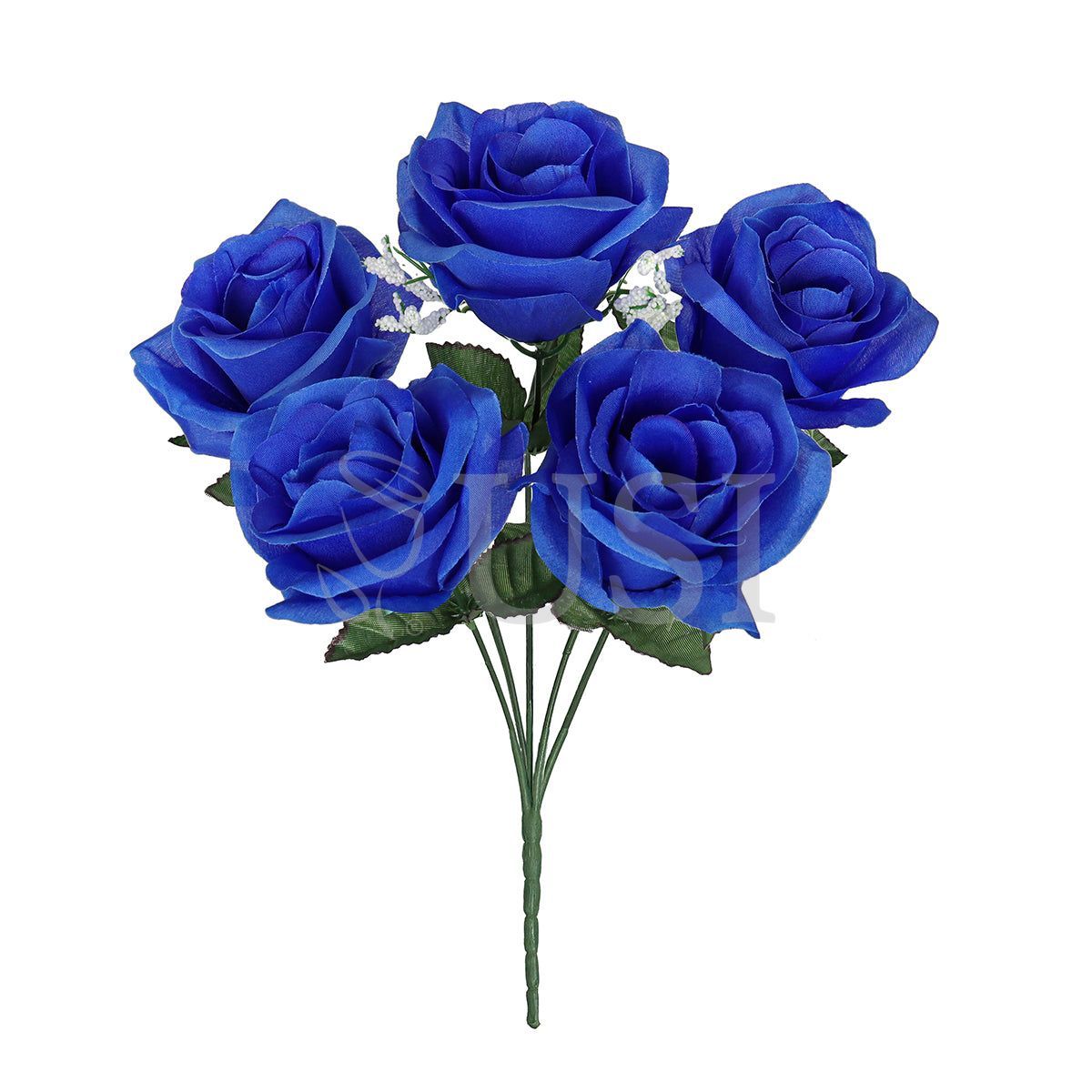 Standard Open Rose Flower Bush w Gypsophila x5, 14in, Royal Blue