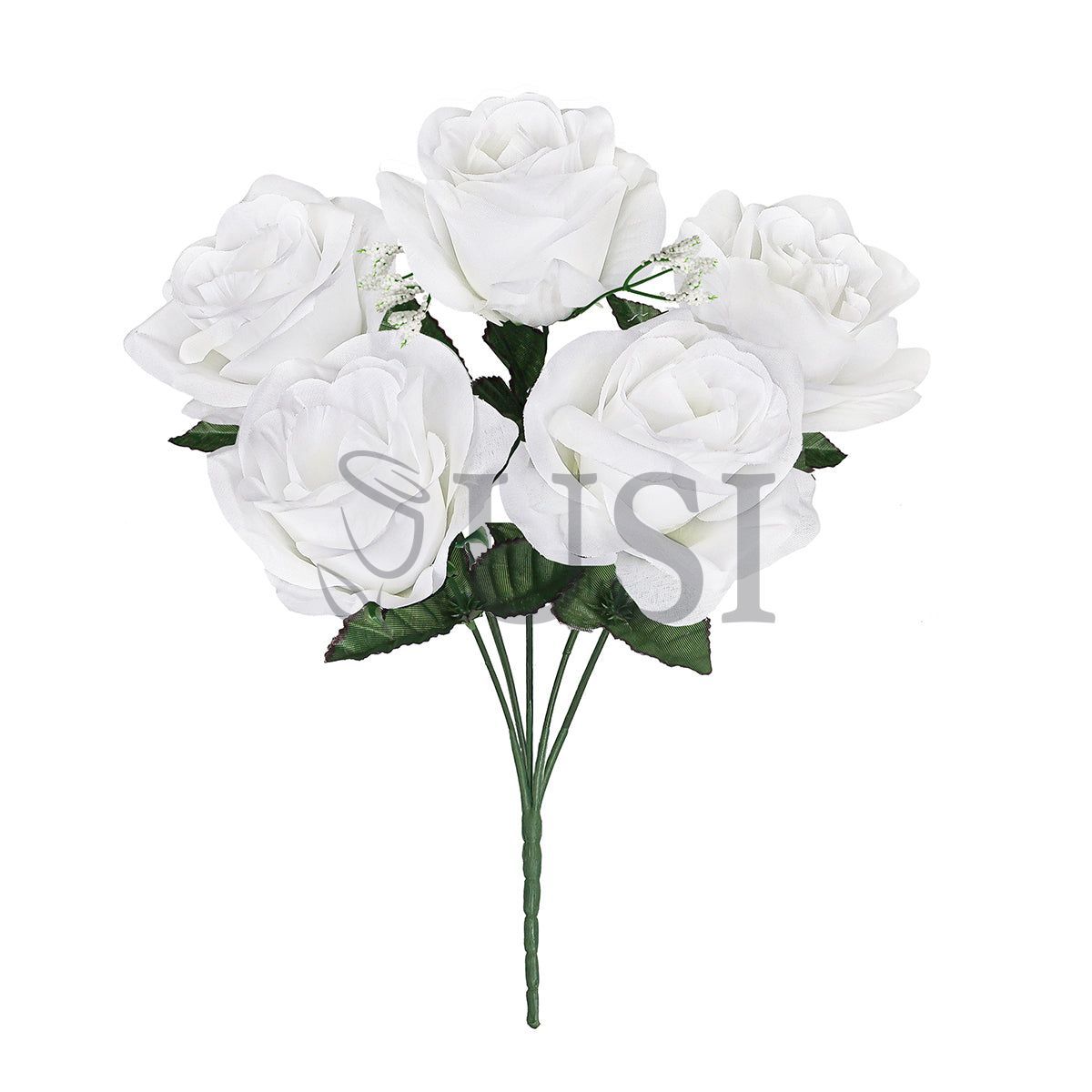 Standard Open Rose Flower Bush w Gypsophila x5, 14in, White