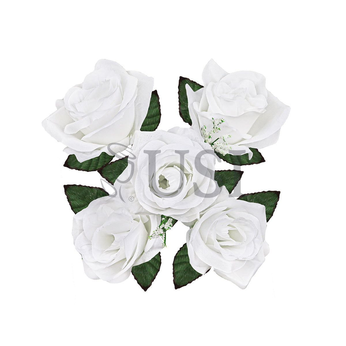 Standard Open Rose Flower Bush w Gypsophila x5, 14in, White