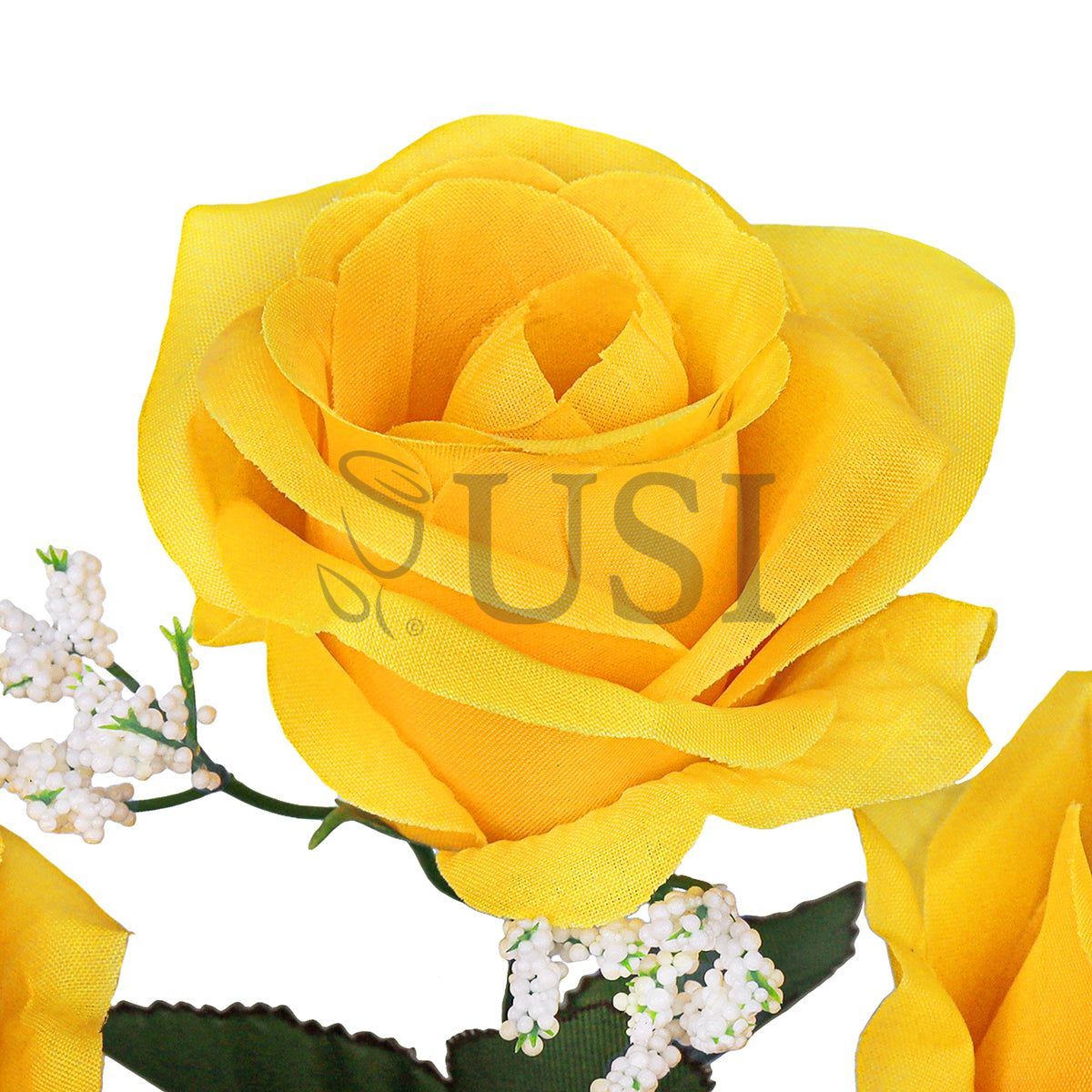 Standard Open Rose Flower Bush w Gypsophila x5, 14in, Yellow