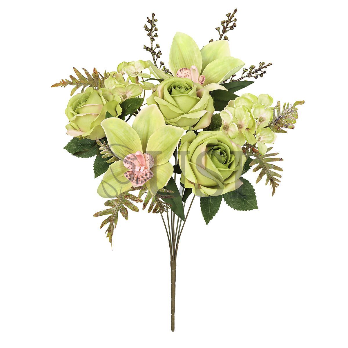 Mixed Sweet Rose Cymbidium Orchid Hydrangea Flower Bush w Filler x7, 16in, Green