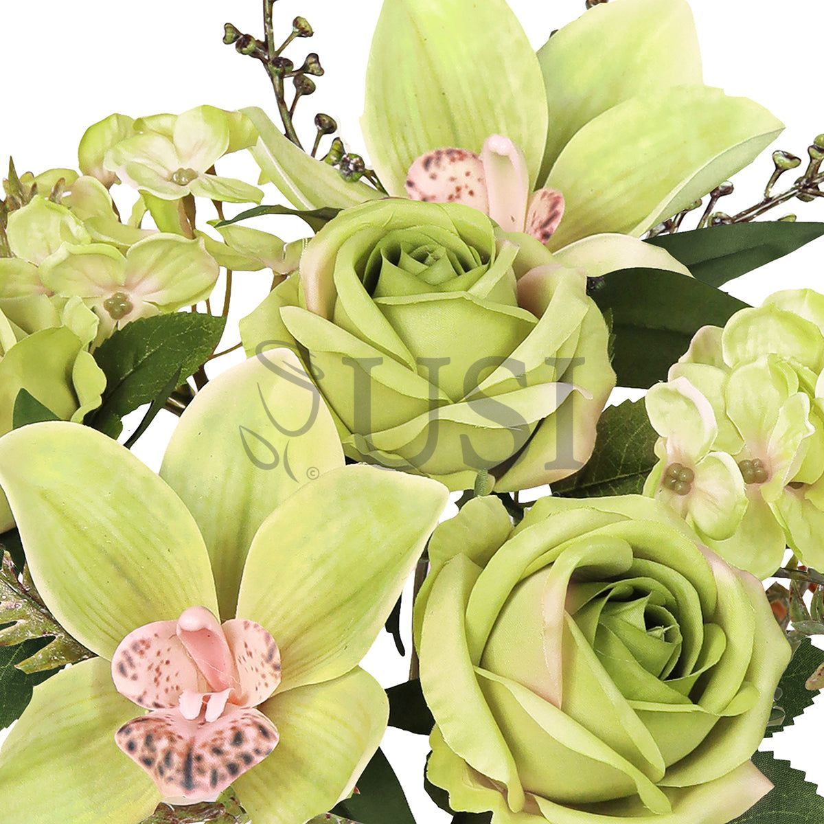 Mixed Sweet Rose Cymbidium Orchid Hydrangea Flower Bush w Filler x7, 16in, Green
