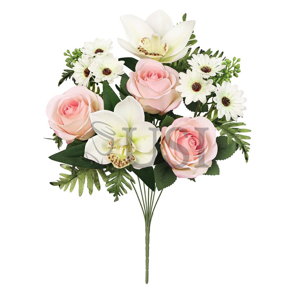 Mixed Rose Cymbidium Orchid Daisy Flower Bush w Filler x7, 16in, Cream Blush