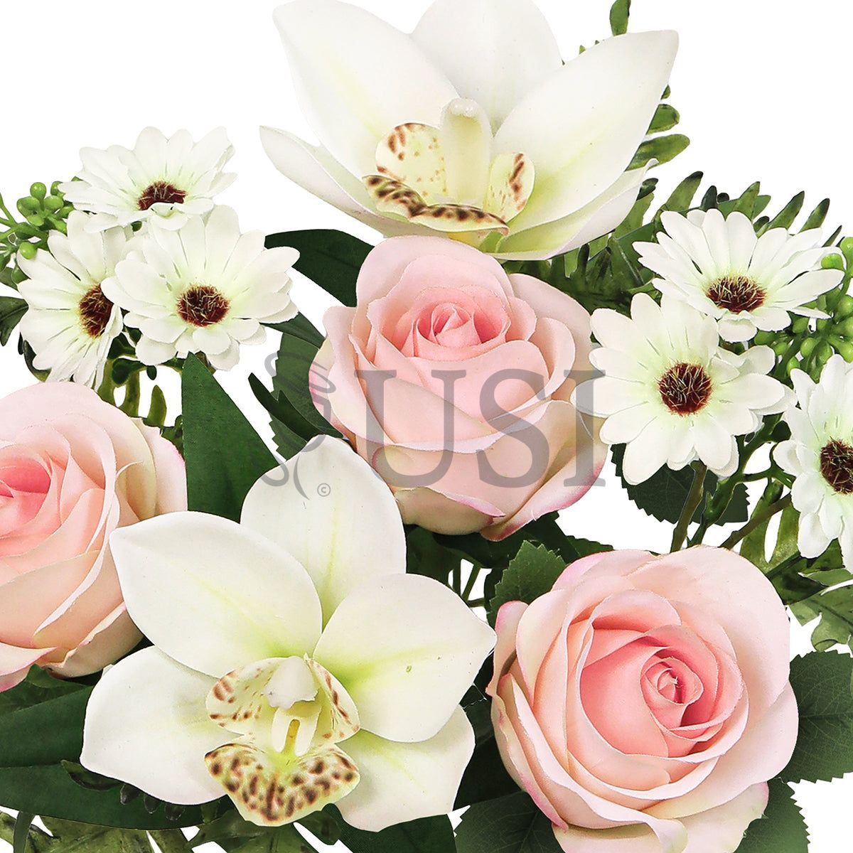 Mixed Rose Cymbidium Orchid Daisy Flower Bush w Filler x7, 16in, Cream Blush