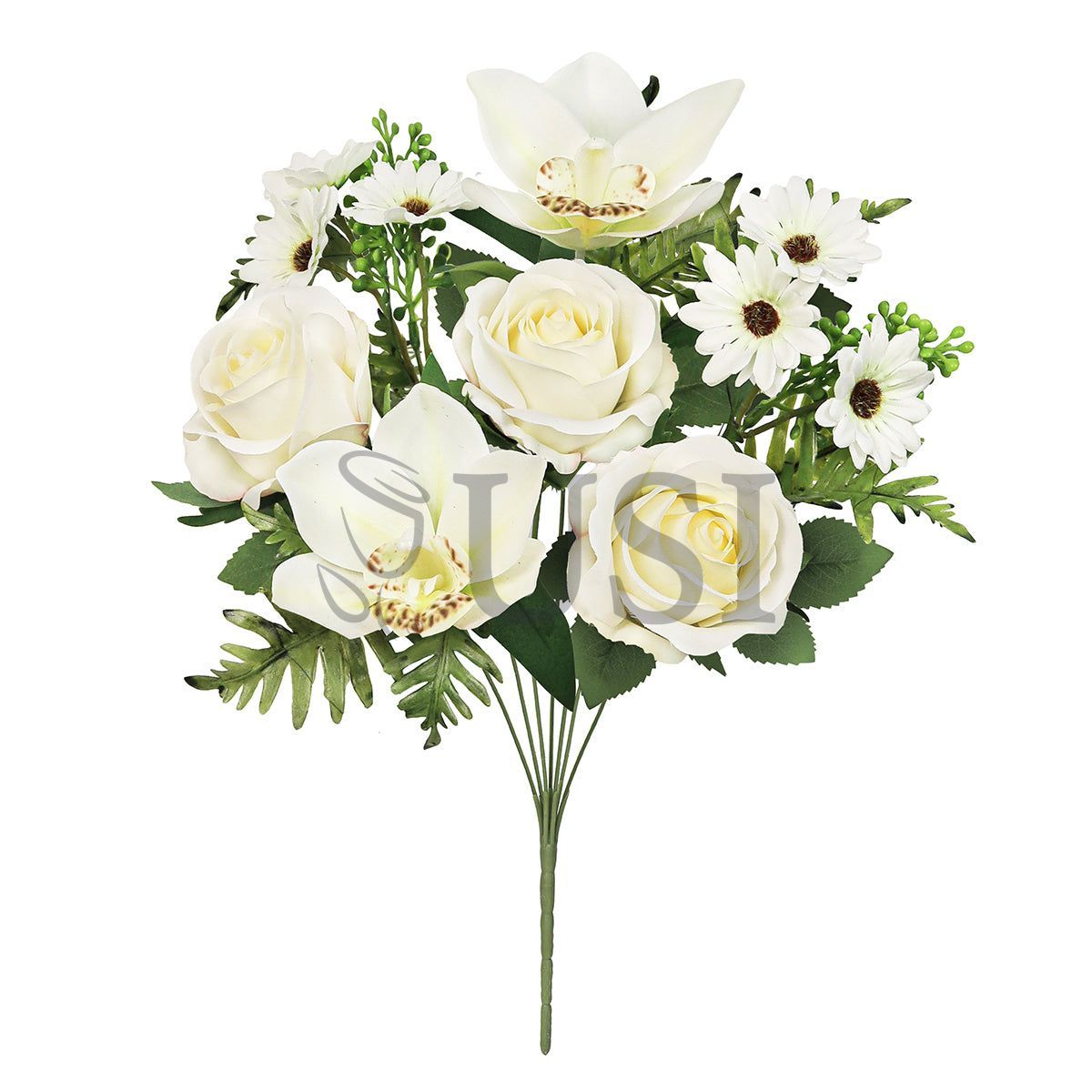 Mixed Rose Cymbidium Orchid Daisy Flower Bush w Filler x7, 16in, Cream White