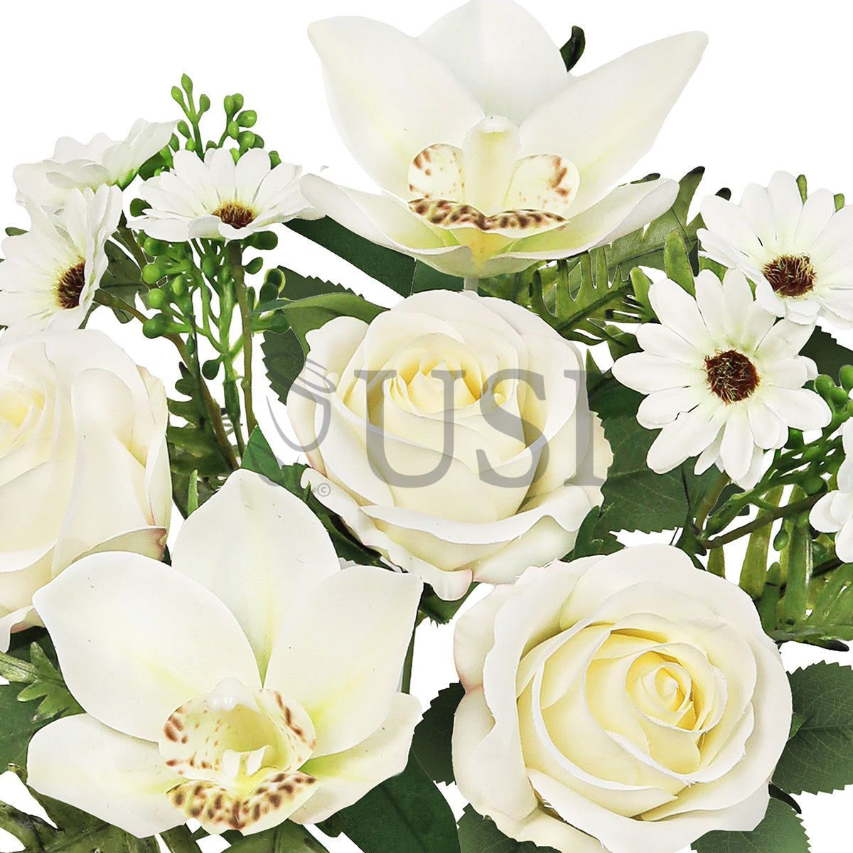 Mixed Rose Cymbidium Orchid Daisy Flower Bush w Filler x7, 16in, Cream White