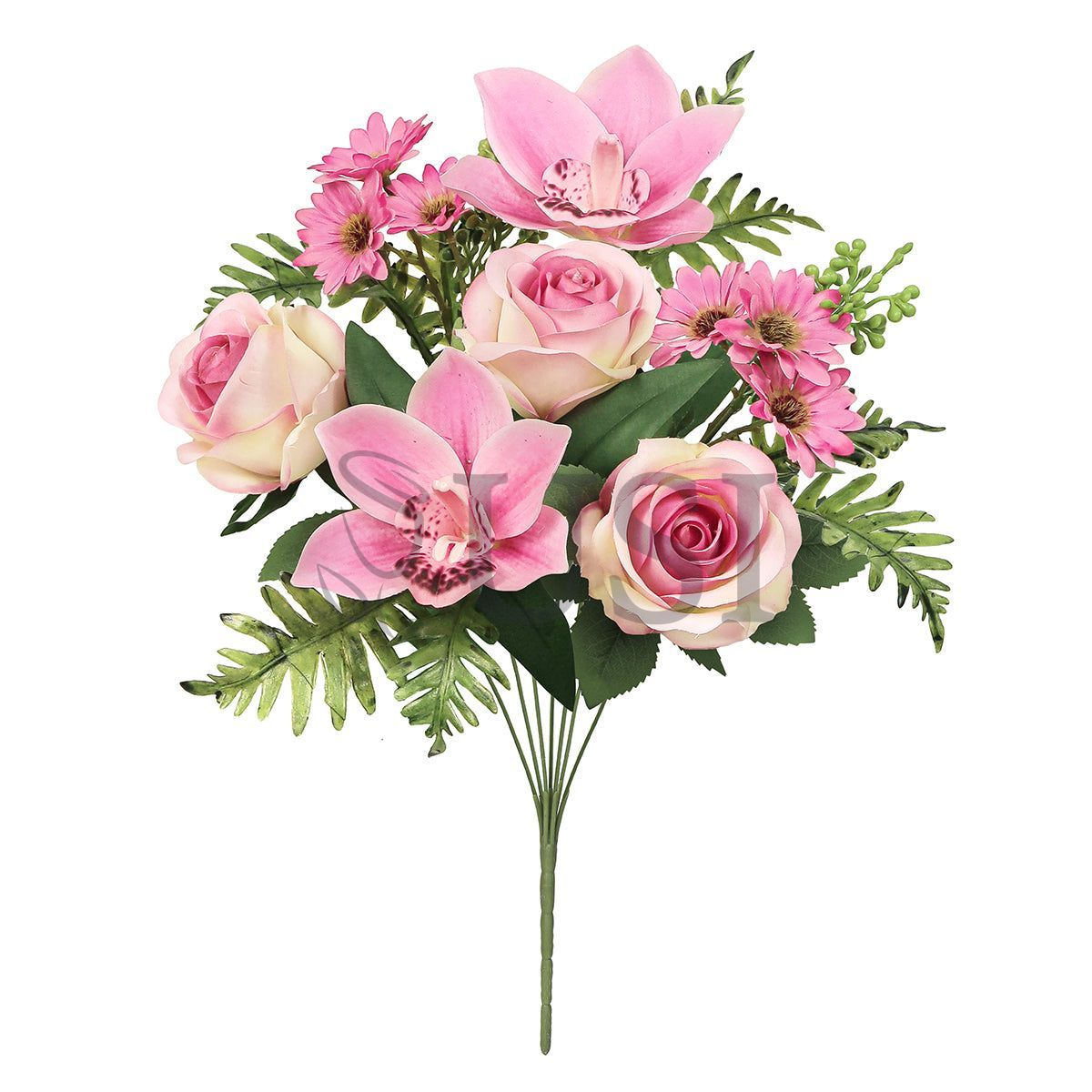 Mixed Rose Cymbidium Orchid Daisy Flower Bush w Filler x7, 16in, Pink