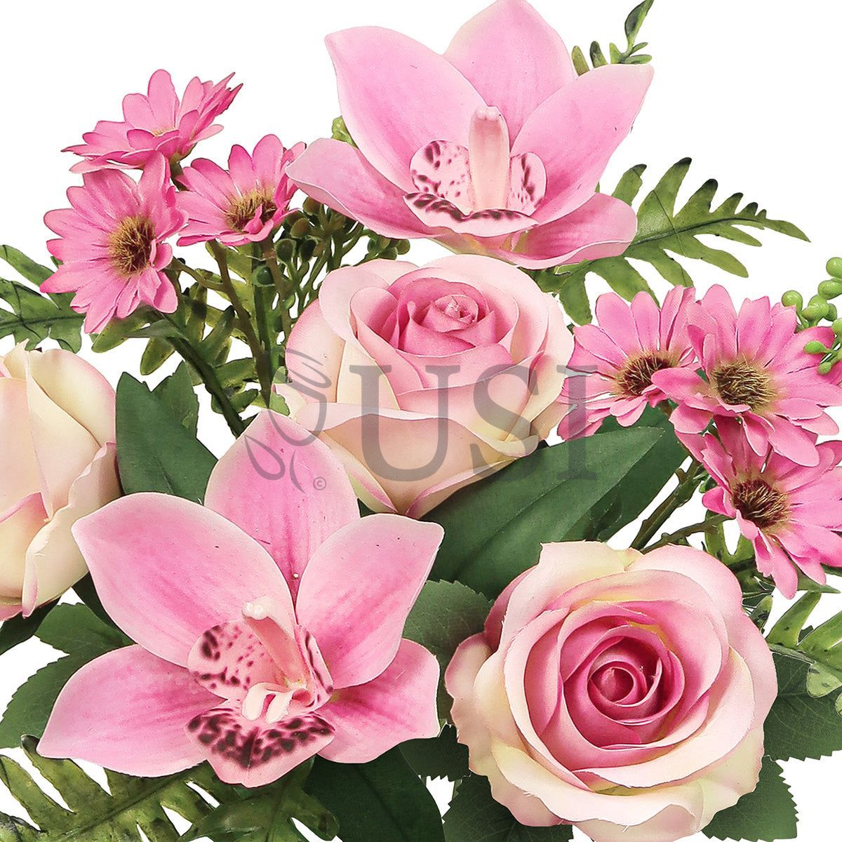 Mixed Rose Cymbidium Orchid Daisy Flower Bush w Filler x7, 16in, Pink