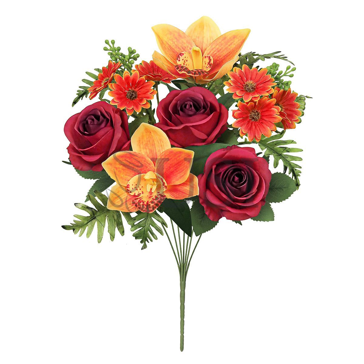 Mixed Rose Cymbidium Orchid Daisy Flower Bush w Filler x7, 16in, Red Orange