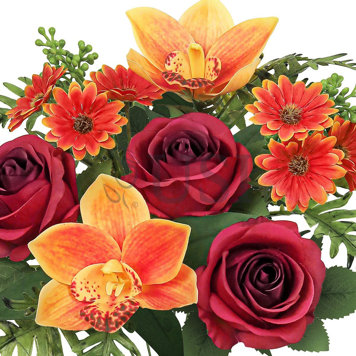 Mixed Rose Cymbidium Orchid Daisy Flower Bush w Filler x7, 16in, Red Orange