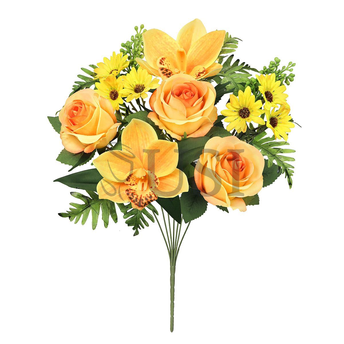 Mixed Rose Cymbidium Orchid Daisy Flower Bush w Filler x7, 16in, Yellow Orange