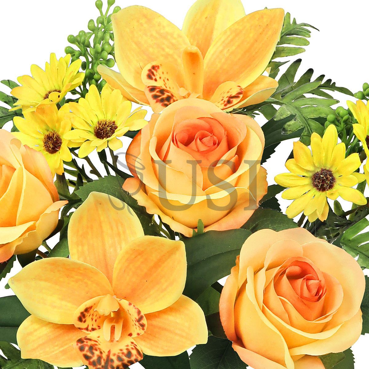 Mixed Rose Cymbidium Orchid Daisy Flower Bush w Filler x7, 16in, Yellow Orange