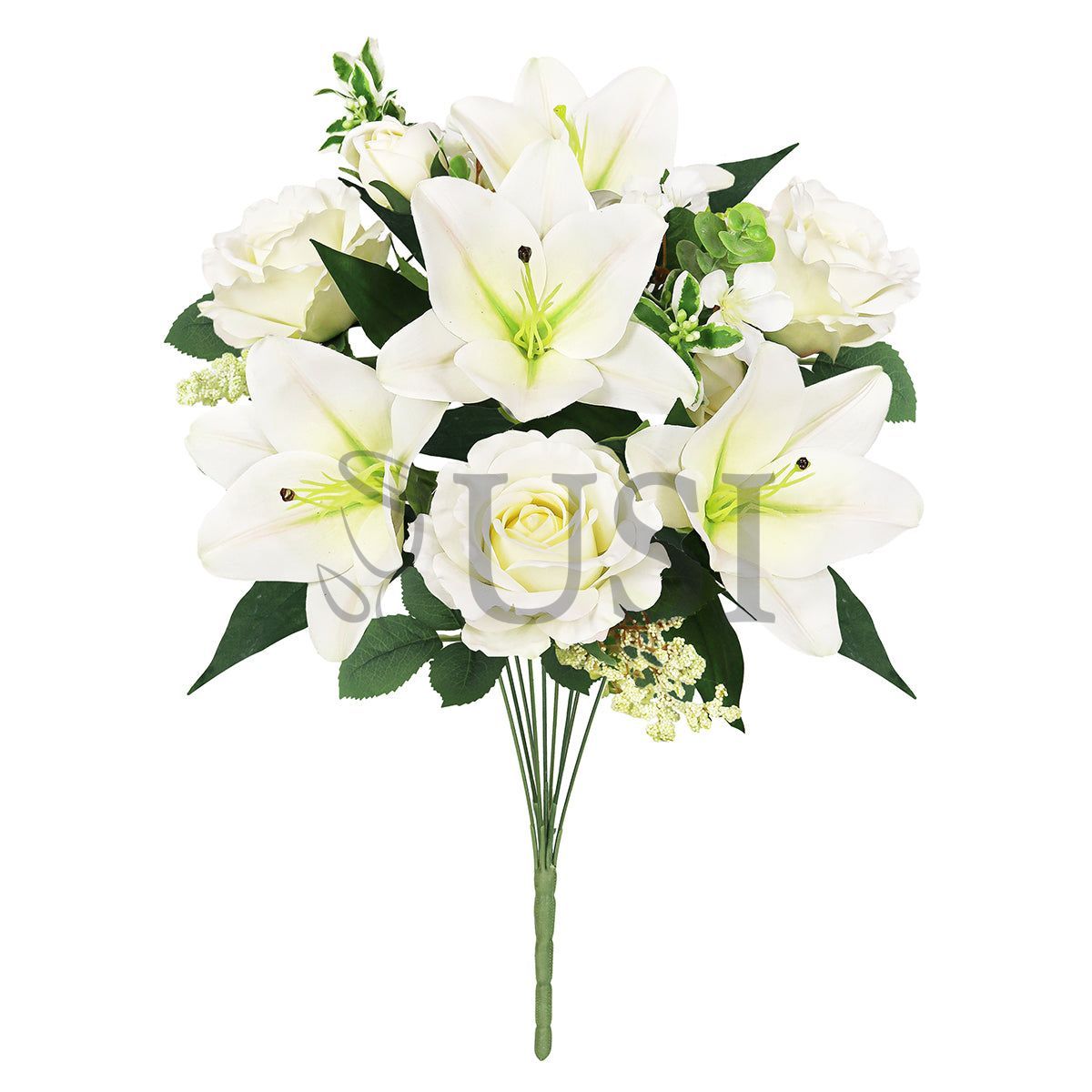 Mixed Sweet Rose Lily Blossom Flower Bush w Filler x9, 20in, Cream White
