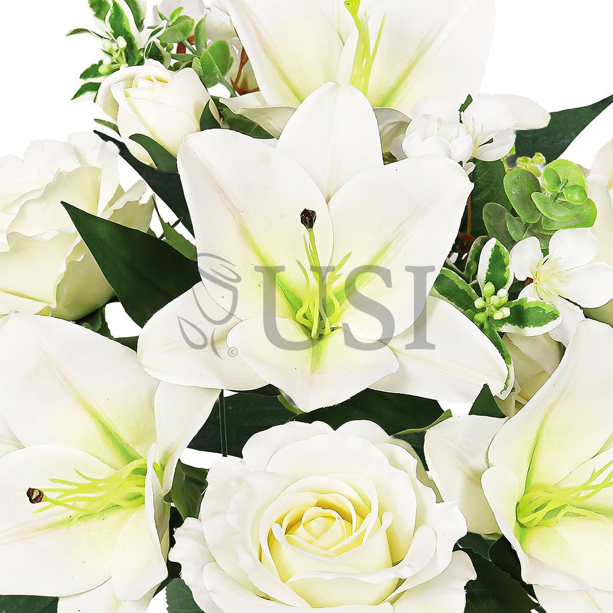 Mixed Sweet Rose Lily Blossom Flower Bush w Filler x9, 20in, Cream White