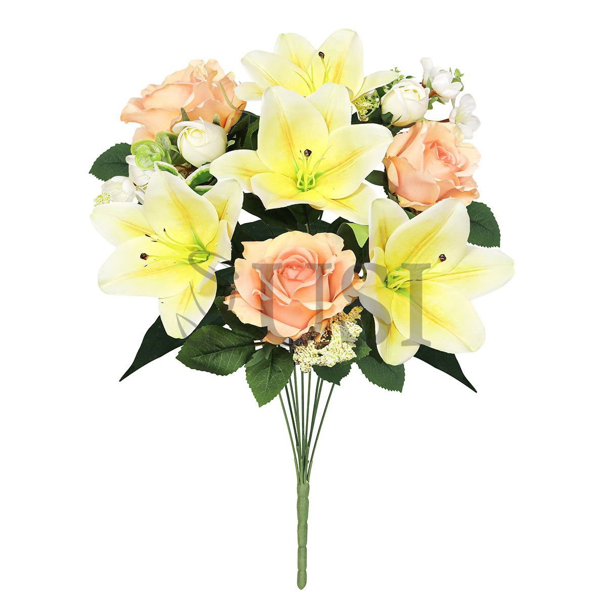 Mixed Sweet Rose Lily Blossom Flower Bush w Filler x9, 20in, Yellow Peach