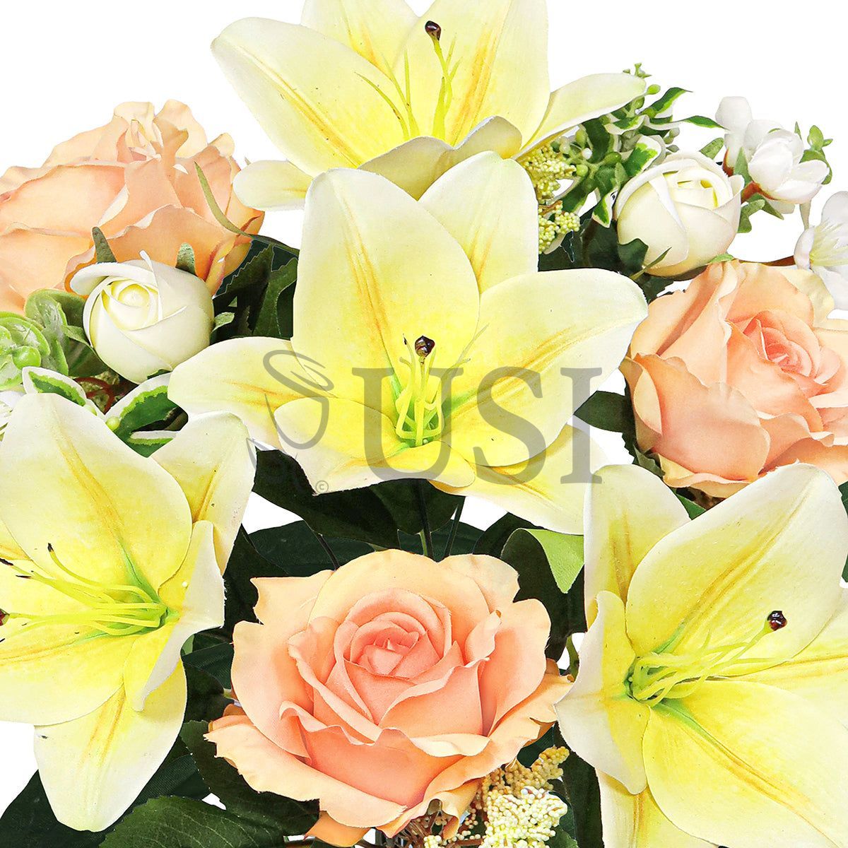 Mixed Sweet Rose Lily Blossom Flower Bush w Filler x9, 20in, Yellow Peach