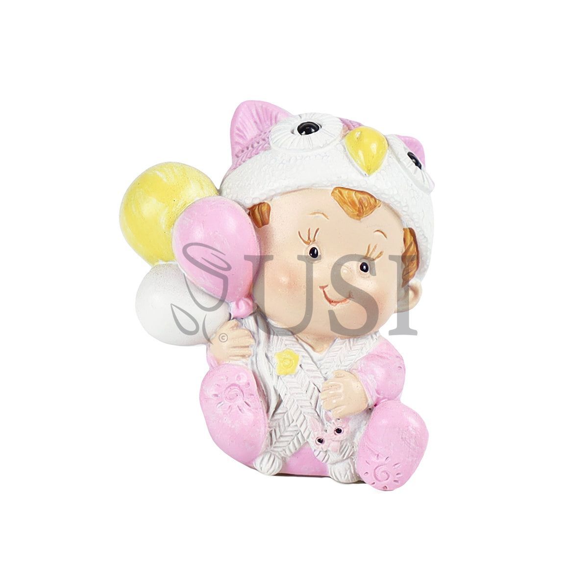 Girl w Owl Hat Figurine, 2in, Pink