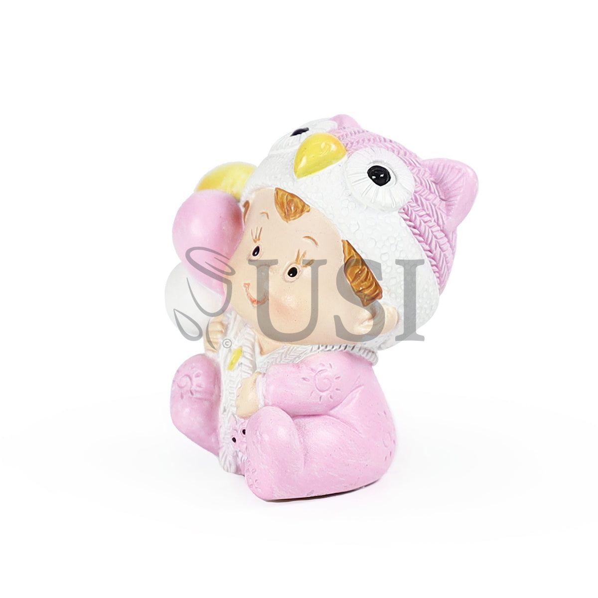 Girl w Owl Hat Figurine, 2in, Pink