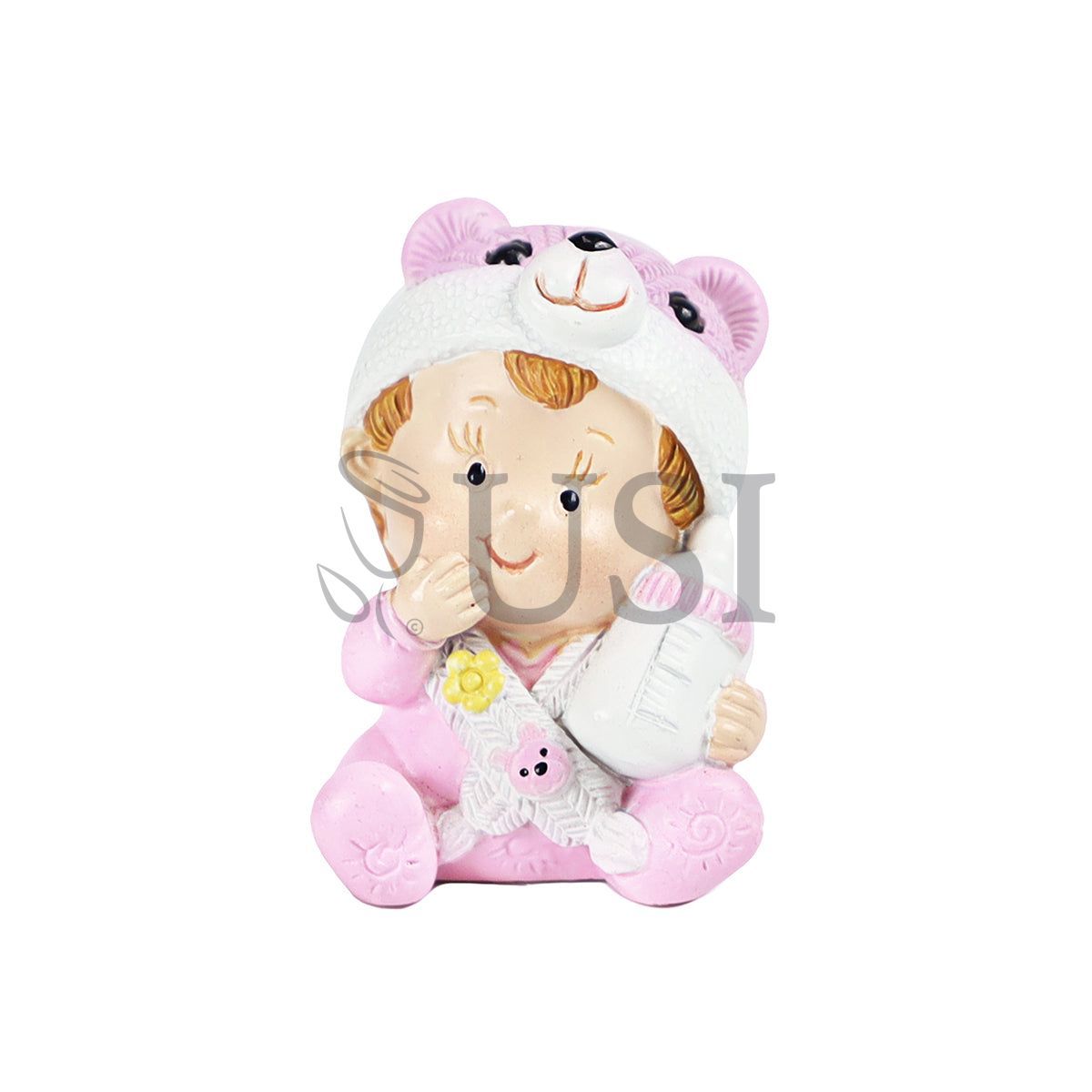 Girl w Bear Hat Figurine, 2in, Pink