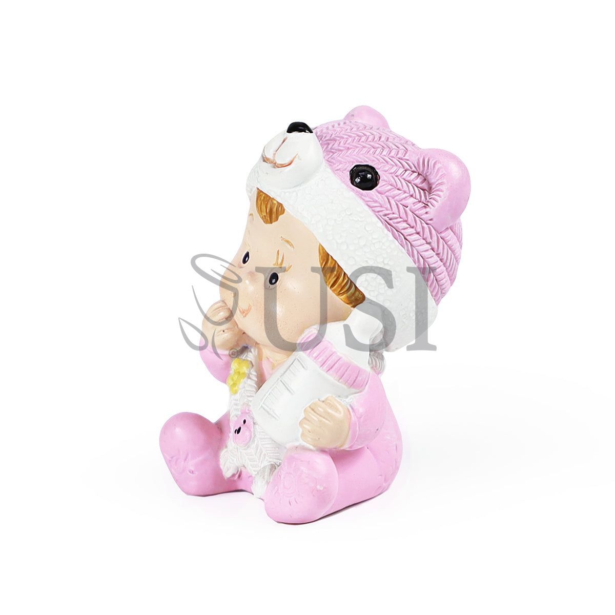 Girl w Bear Hat Figurine, 2in, Pink