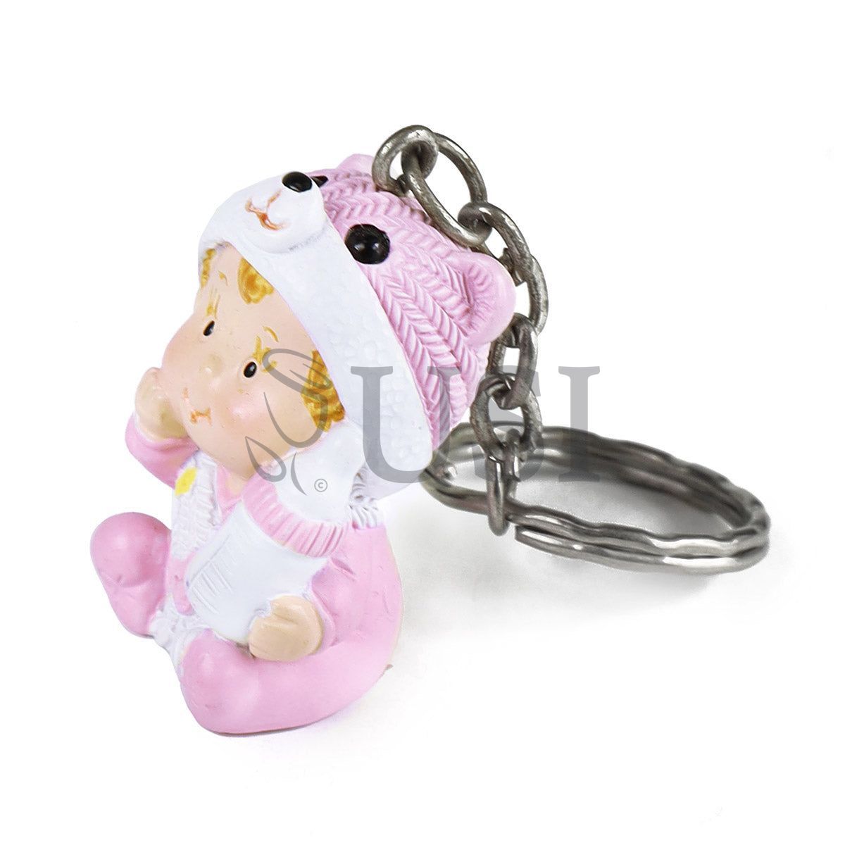 Girl w Bear Hat Keychain, 1.5in, Pink