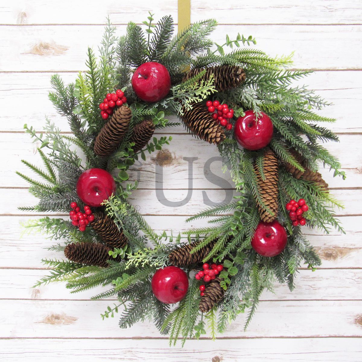 Mixed Pine & Eucalyptus Wreath w Pine Cones Apples Berry, 24in, Red Green