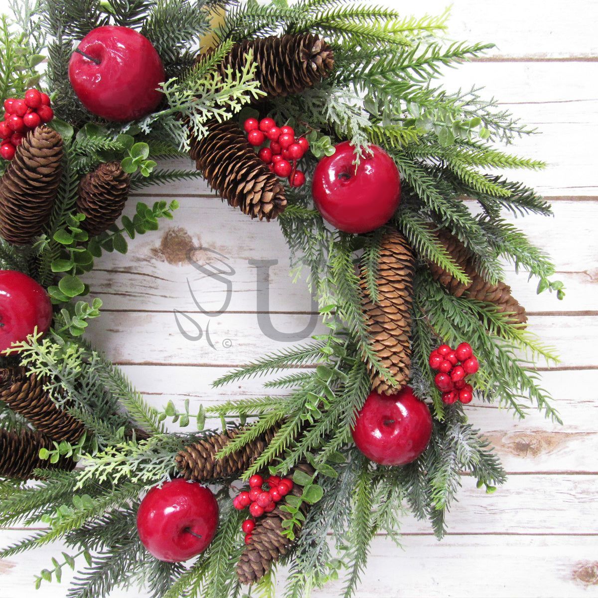 Mixed Pine & Eucalyptus Wreath w Pine Cones Apples Berry, 24in, Red Green