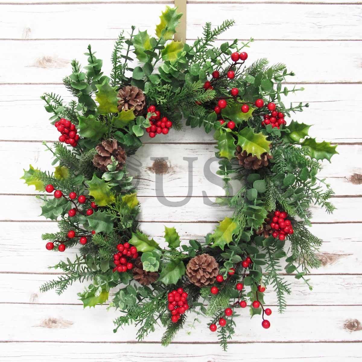 Mixed Pine Eucalyptus Holly Wreath w Pine Cones & Berry, 22in, Green Red