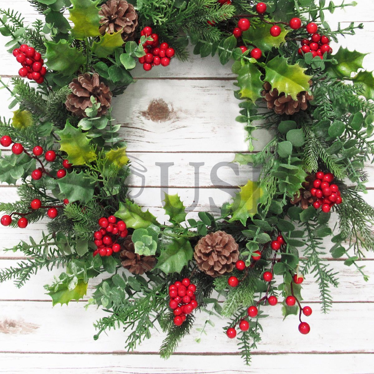Mixed Pine Eucalyptus Holly Wreath w Pine Cones & Berry, 22in, Green Red
