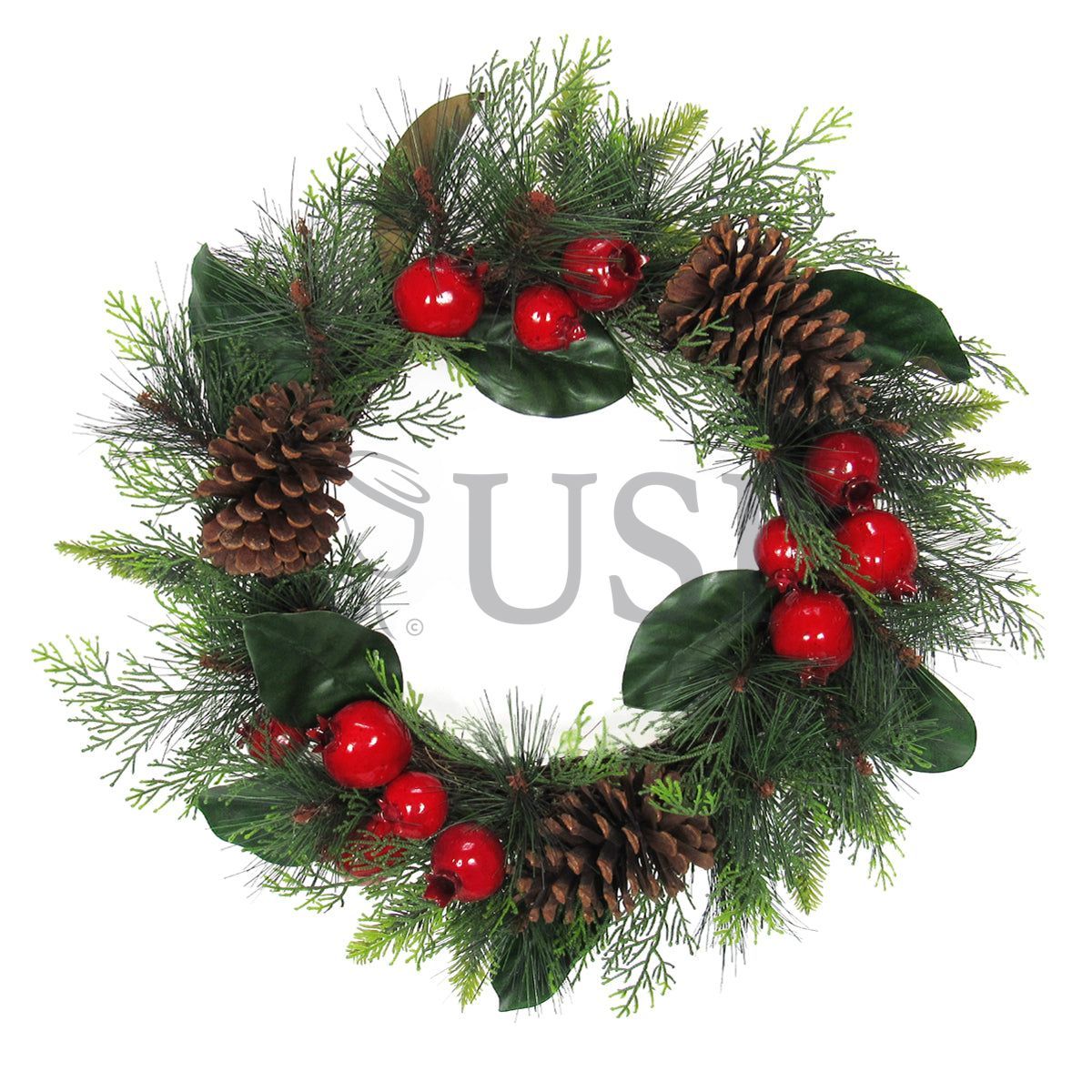 Mixed Pine Magnolia Leaf Wreath w Pomegranates & Pine Cones, 22in, Red Green