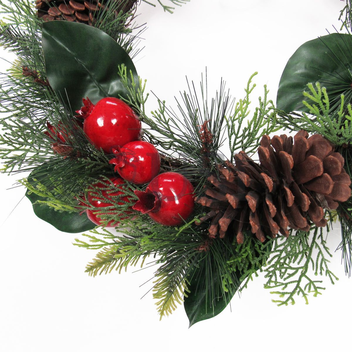 Mixed Pine Magnolia Leaf Wreath w Pomegranates & Pine Cones, 22in, Red Green
