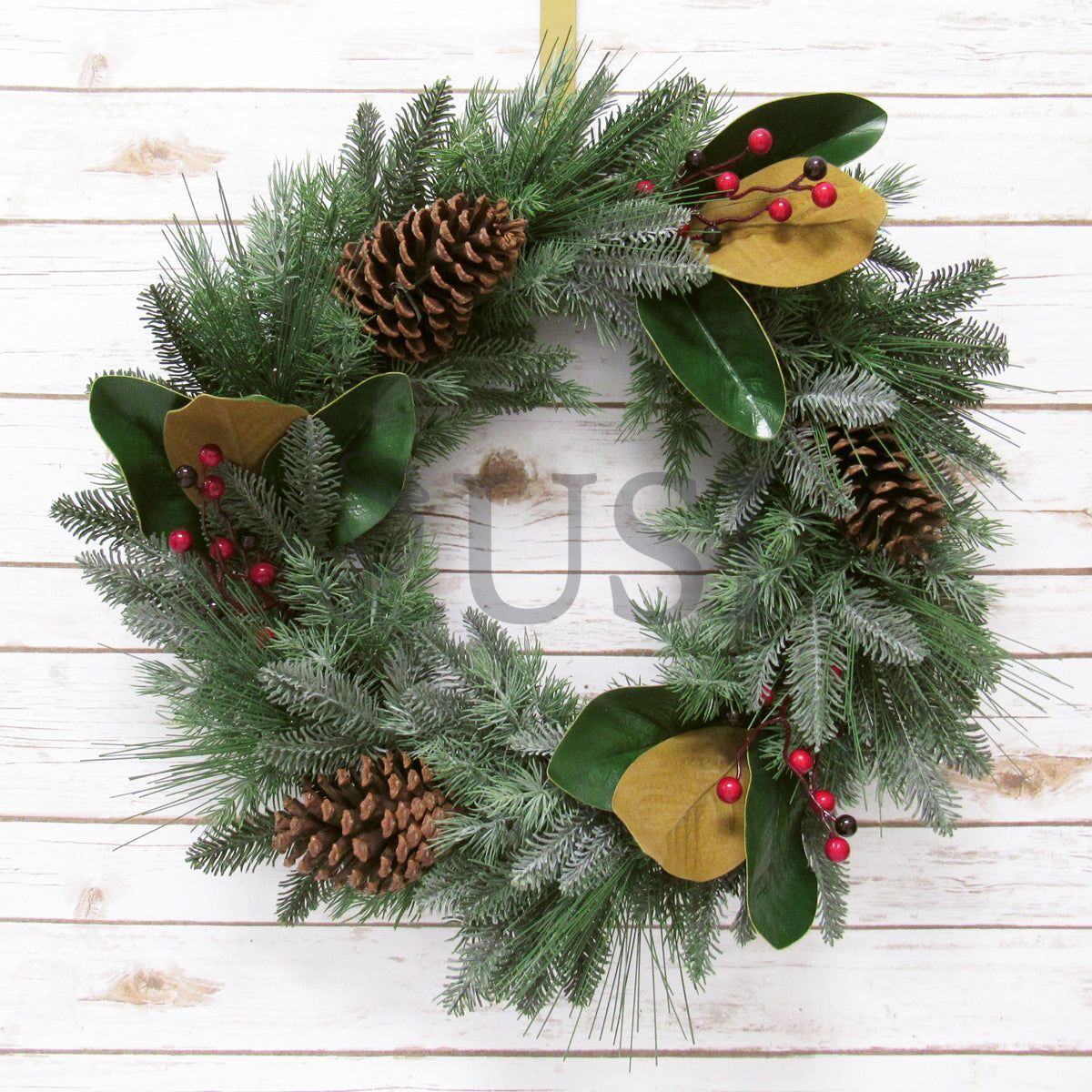 Frosted Mixed Pine & Magnolia Leaf Wreath w Pine Cones & Berry, 24in, Frosted Green