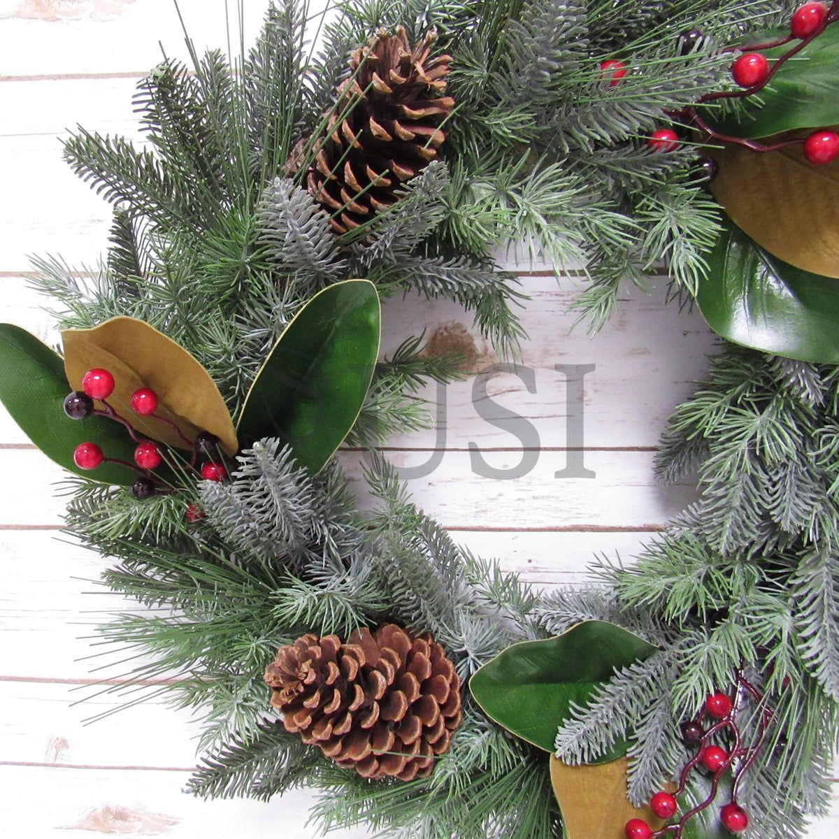 Frosted Mixed Pine & Magnolia Leaf Wreath w Pine Cones & Berry, 24in, Frosted Green