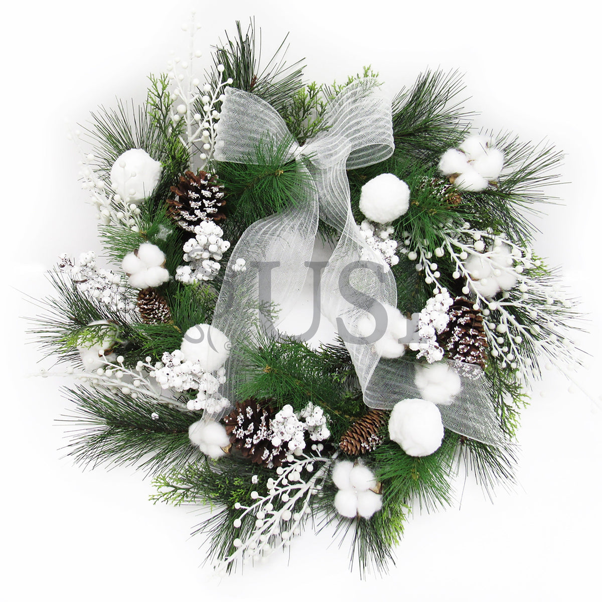 Frosty Cotton Berry Pine Cone Wreath, 24in, White
