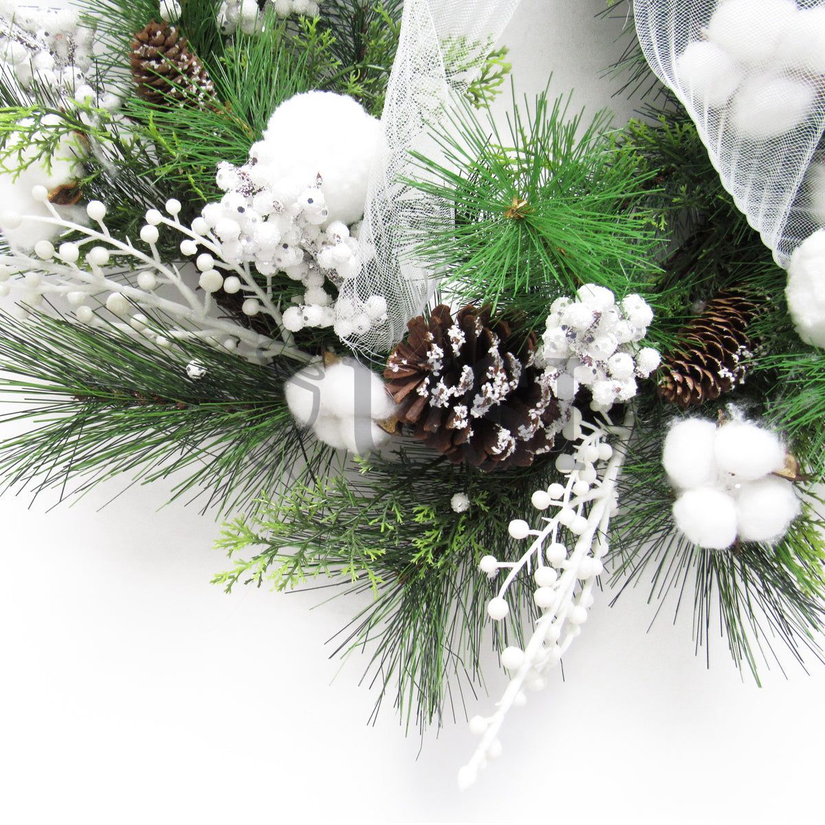Frosty Cotton Berry Pine Cone Wreath, 24in, White