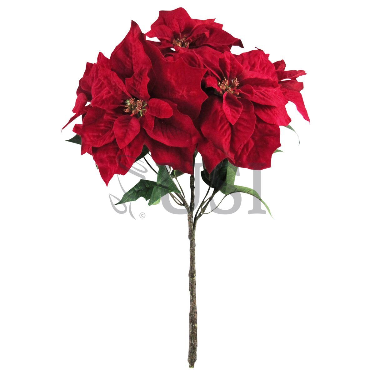 Velvet Poinsettia Flower Branch Spray Bush x5, 24in, Red