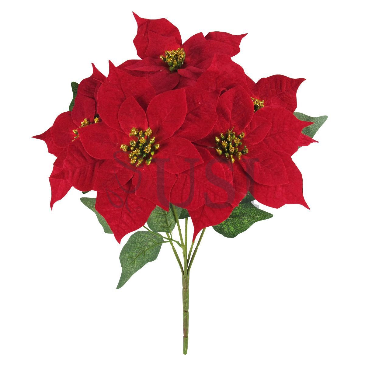 Velvet Poinsettia Flower Glitter Bush x5, 16in, Red