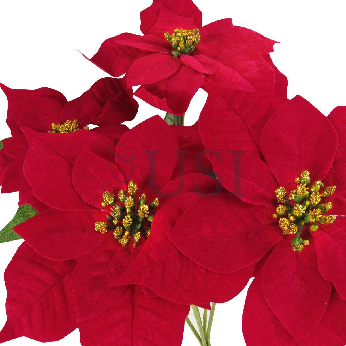 Velvet Poinsettia Flower Glitter Bush x5, 16in, Red