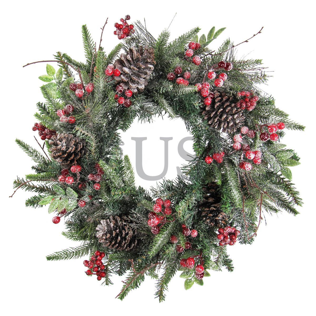 Frosted Mixed Pine & Leaf Wreath w Twig Pine Cone Berry, 22in, Frosted Green