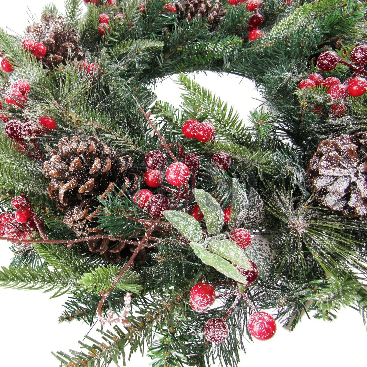 Frosted Mixed Pine & Leaf Wreath w Twig Pine Cone Berry, 22in, Frosted Green